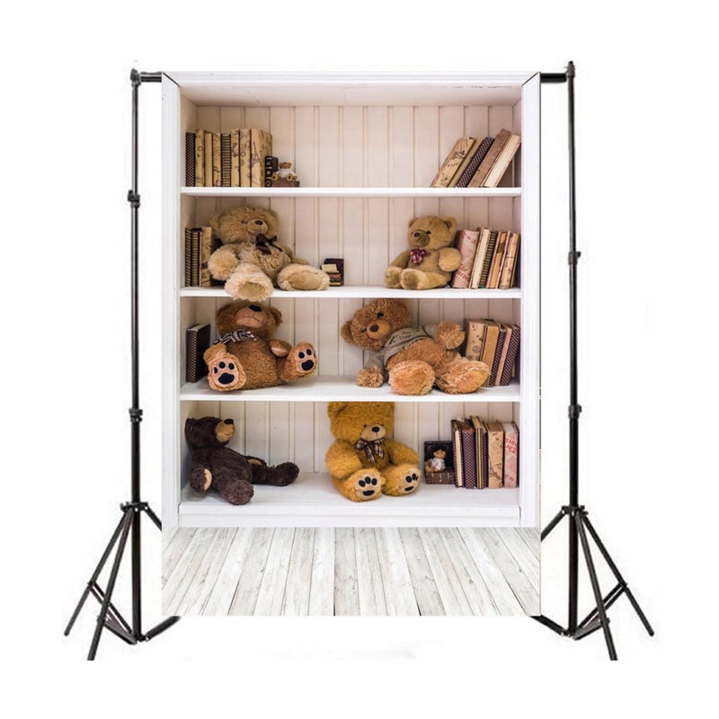 AOFOTO 6x8ft White Bookshelf with Teddy Bears Photography Backdrop Vintage Books Bookcase Wood Floor Background Study Room Decor Indoor Kid Newborn Baby Boy Infant Portrait Photoshoot Studio Props - Image 1